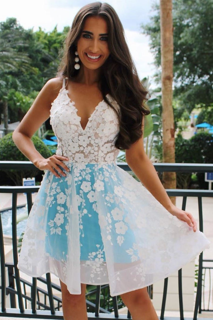 A Line V Neck Floral Appliques Homecoming Dress, Short Prom Dresses DMQ9