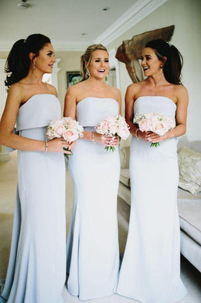 Simple Strapless Grey Satin Cheap Long Bridesmaid Dresses DMI44