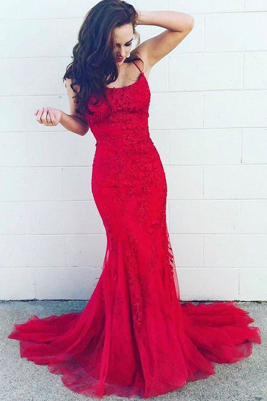 Red Mermaid Lace Appliques Long Prom Dress Spaghetti Straps Formal Evening Dress DMP055