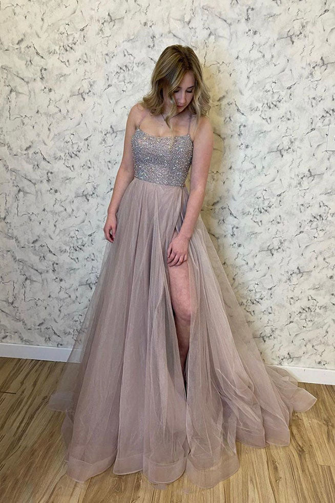 Chic A Line Tulle Beaded Long Prom Dress With Slit Spaghetti Straps Evening Dress DMP054