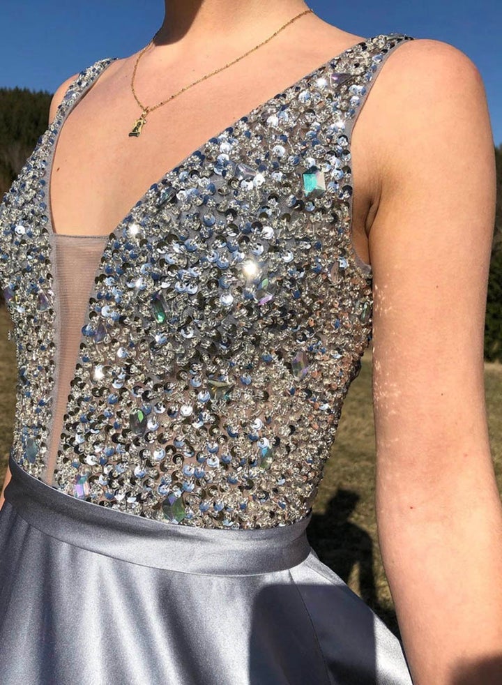A Line Satin V Neck Beading Long Prom Dresses V Back Formal Evening Dresses DMP059