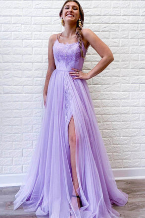 Lilac A Line Tulle Lace Appliques Long Prom Dresses Evening Dress With Straps DMP058
