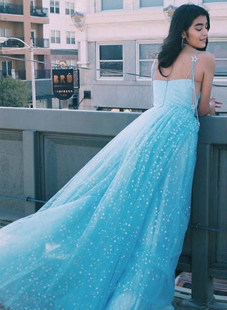 Light Blue Tulle Sequins Long Prom Dresses A Line Formal Evening Dress  DMP083