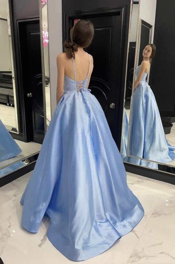 Elegant A Line Satin Blue Long Prom Dresses Spaghetti Straps Formal Evening Dress DMP061