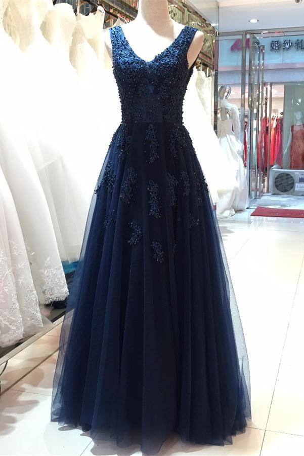 V-neck Navy Blue Lace Tulle Beading Long Backless Prom Dresses K699