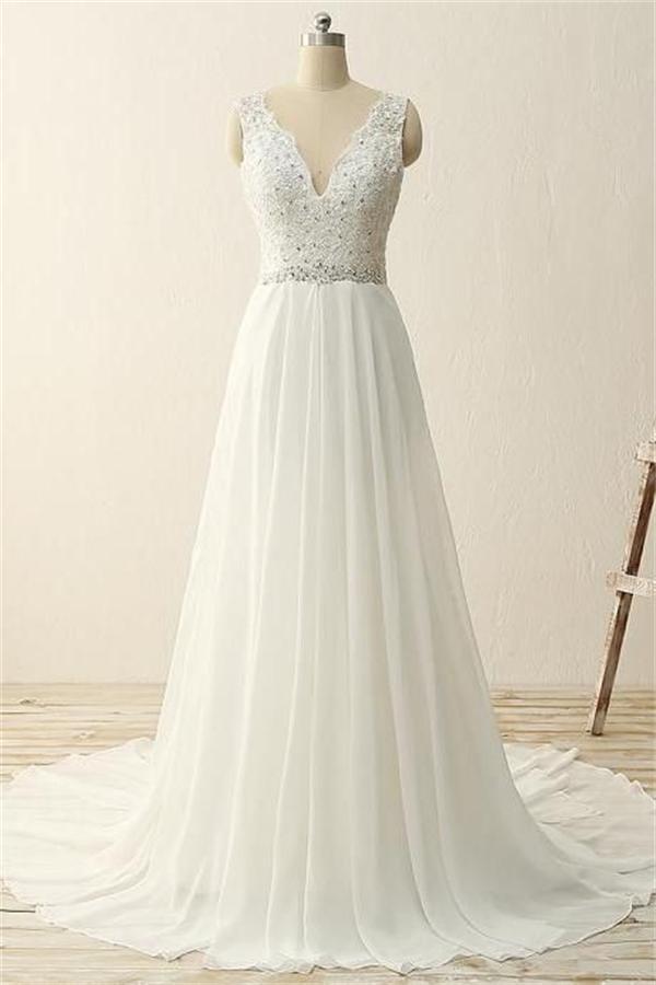 V-neck Ivory Chiffon Beading Long Simple High Quality Cheap Beach Wedding Dresses W23