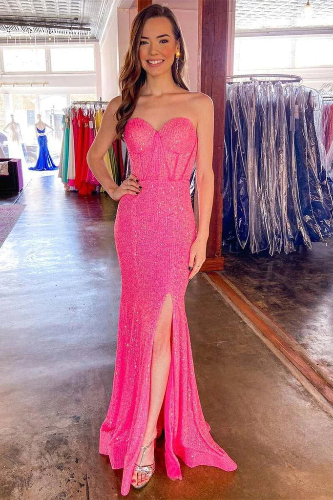 Hot Pink Sequin Strapless Sweetheart Mermaid Long Prom Dress with Slit DM1893
