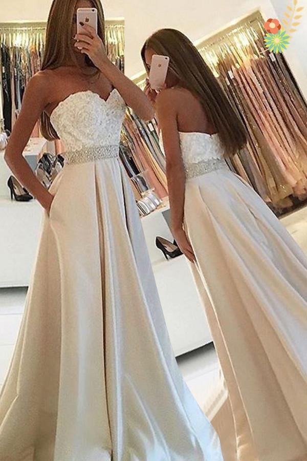 Sweetheart Backless Long Ivory Lace Satin A-line Simple Prom Dresses K736