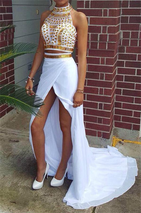 Two Pieces White Beaded Chiffon Front Split High Neckline Prom Dresses K731