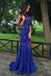 Sparkly Royal Blue Lace Beaded Long Mermaid Backless Prom Dresses Evening Dresses K753