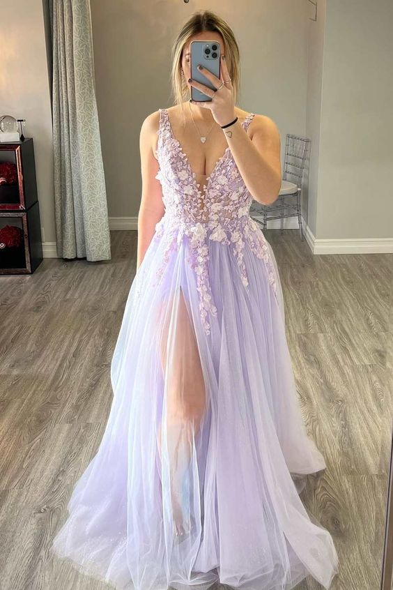 Sexy A Line Long V Neck Tulle Prom Dresses, Evening Party Dresses DMP260