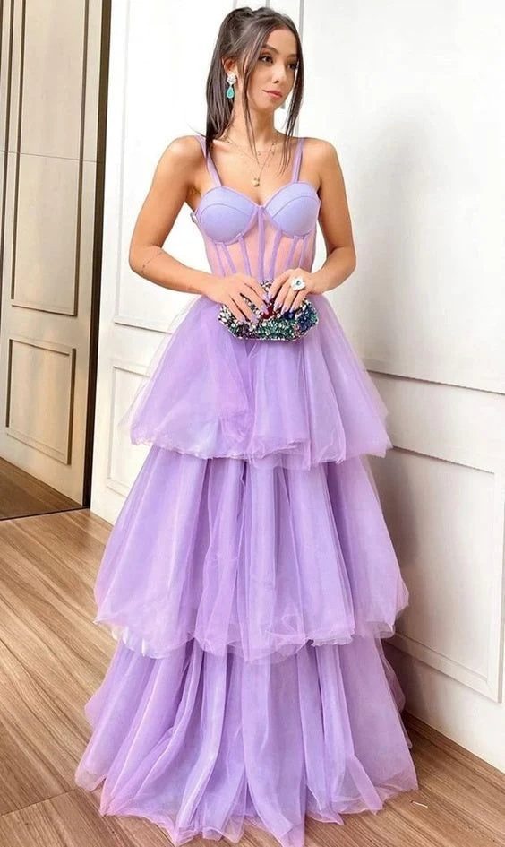 Purple A Line Tired Long Prom Dresses Lavender Formal Evening Dresses DMP270