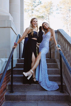 Glitter Mermaid V Neck Blue Sequin Prom Dress with Slit Long Evening Gown DMP099