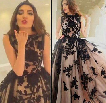 Appliques A-Line Round Neck Black Lace Long Prom Dress DM128