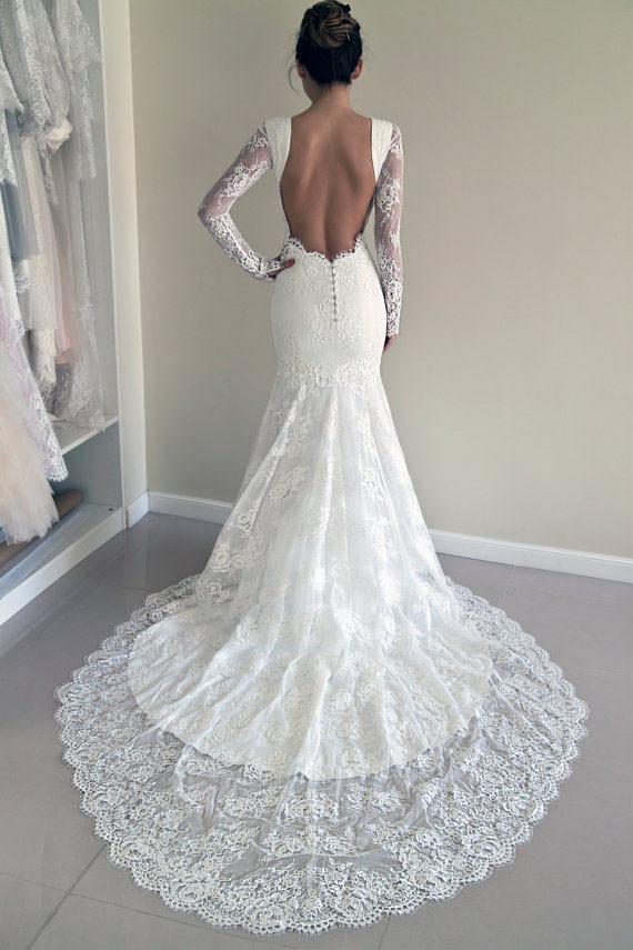 Custom Made Trumpet Mermaid Backless Long Sleeves Lace Wedding Dress DM197