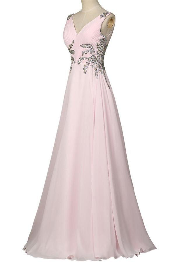 Beautiful Girly Chiffon Long Beading Pink V-neck Backless Prom Dresses K744