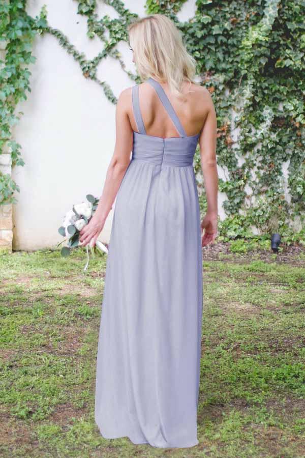 Fashion One-Shoulder A Line Floor-Length Open Back Lavender Chiffon Bridesmaid Dress DM928