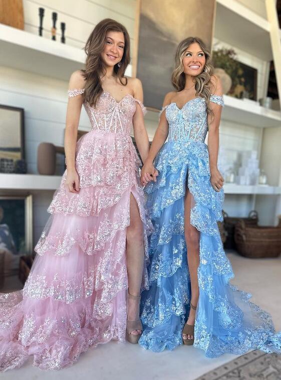Sparkly Prom Dress with Slit Skirt, Long Graduation School Dresses, Evening Party Gown DM2024