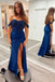 Navy Blue Sequin and Satin Off-the-Shoulder Long Prom Dress with Slit DM1963