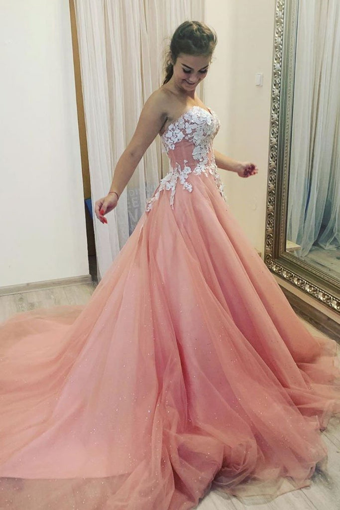 A Line Sweetheart Tulle Appliques Prom Dresses, Long Formal Dress DMQ4