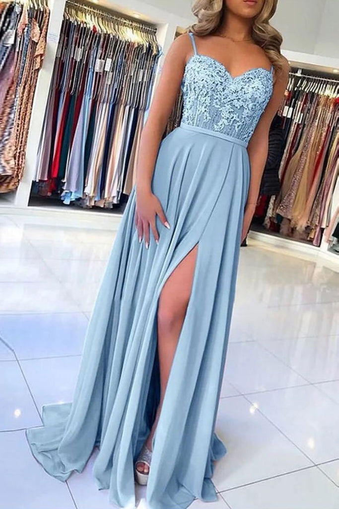 Light Blue Chiffon Slit Spaghetti Straps Prom Dresses, Long Evening Dress DMQ5