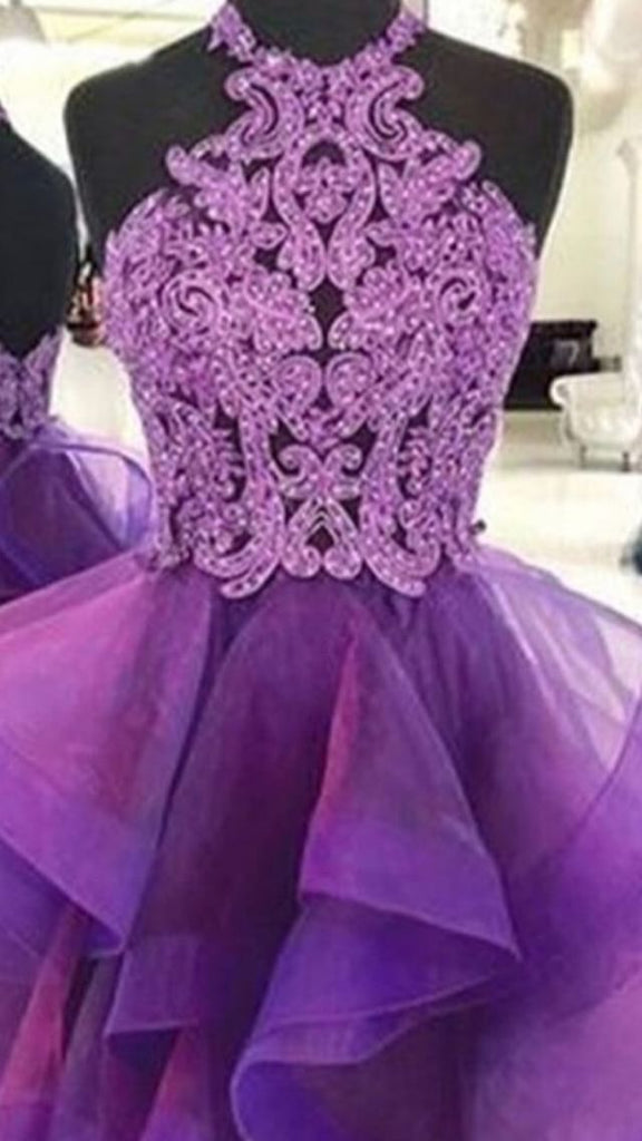 A Line Halter Purple Homecoming Dresses, Short Prom Dress With Lace DMN87