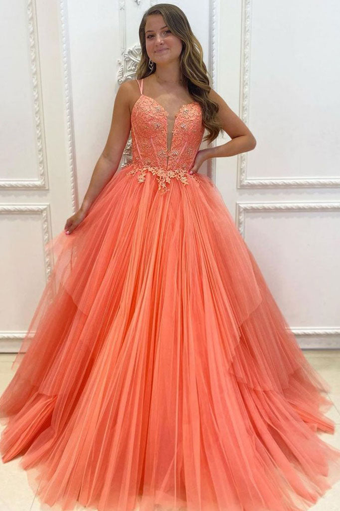 Orange Tulle A Line Spaghetti Straps Long Prom Dresses, Formal Evening Dresses DMP051