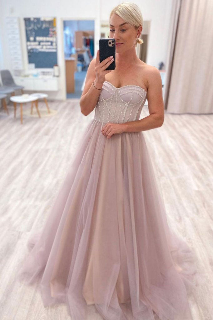 A Line Tulle Sweetheart Long Prom Dresses, Strapless Formal Evening Dresses DMP047