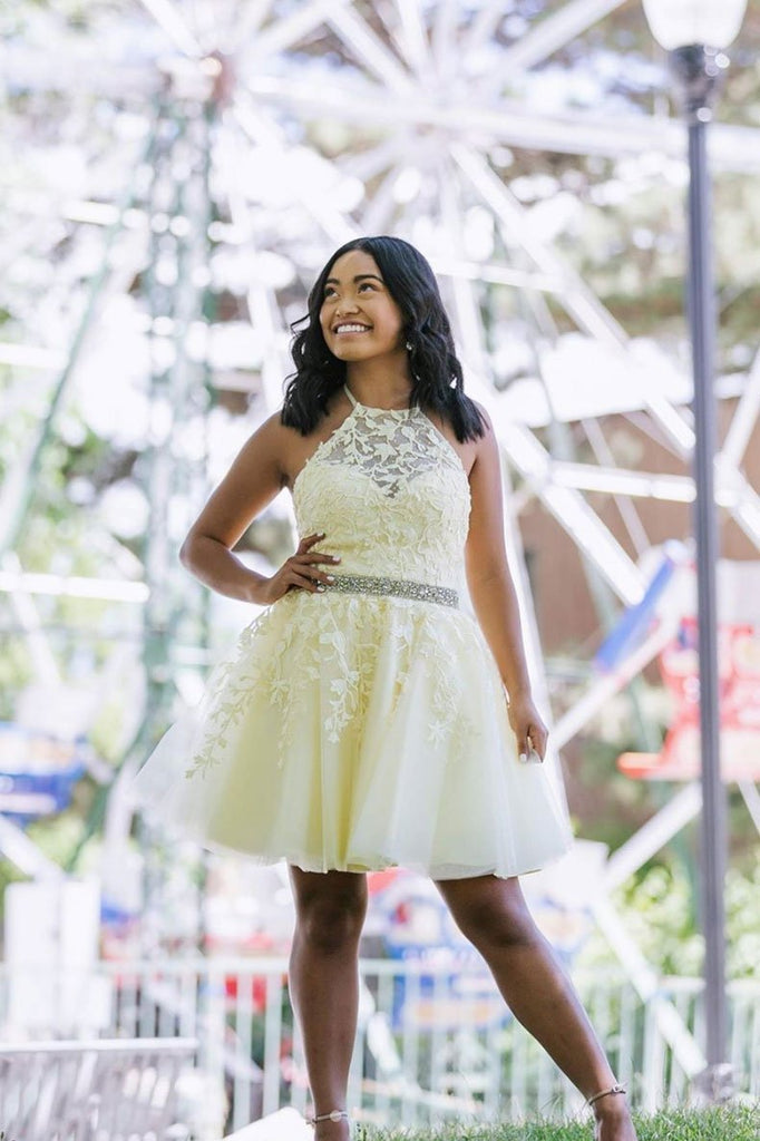 Yellow Tulle Lace Short Prom Dress Beading A Line Homecoming Dress DMP41