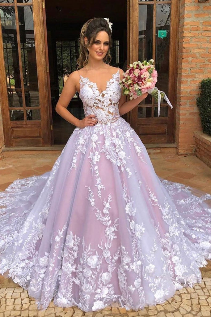 Ball Gown V Neck Lace Appliques Tulle Prom Dresses DMP97