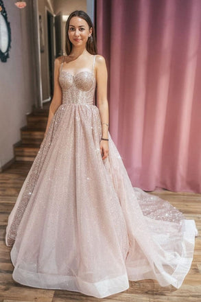Pink Sequin A Line Long Prom Dresses Spaghetti Straps Formal Evening Dress DMP112
