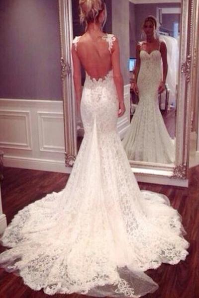 Sexy Long Strap Sweetheart Backless Mermaid Lace Wedding Dresses DM541
