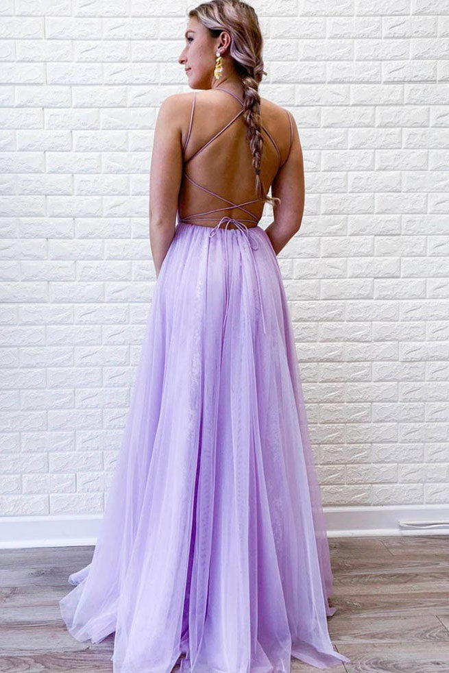 Lilac A Line Tulle Lace Appliques Long Prom Dresses Evening Dress With Straps DMP058