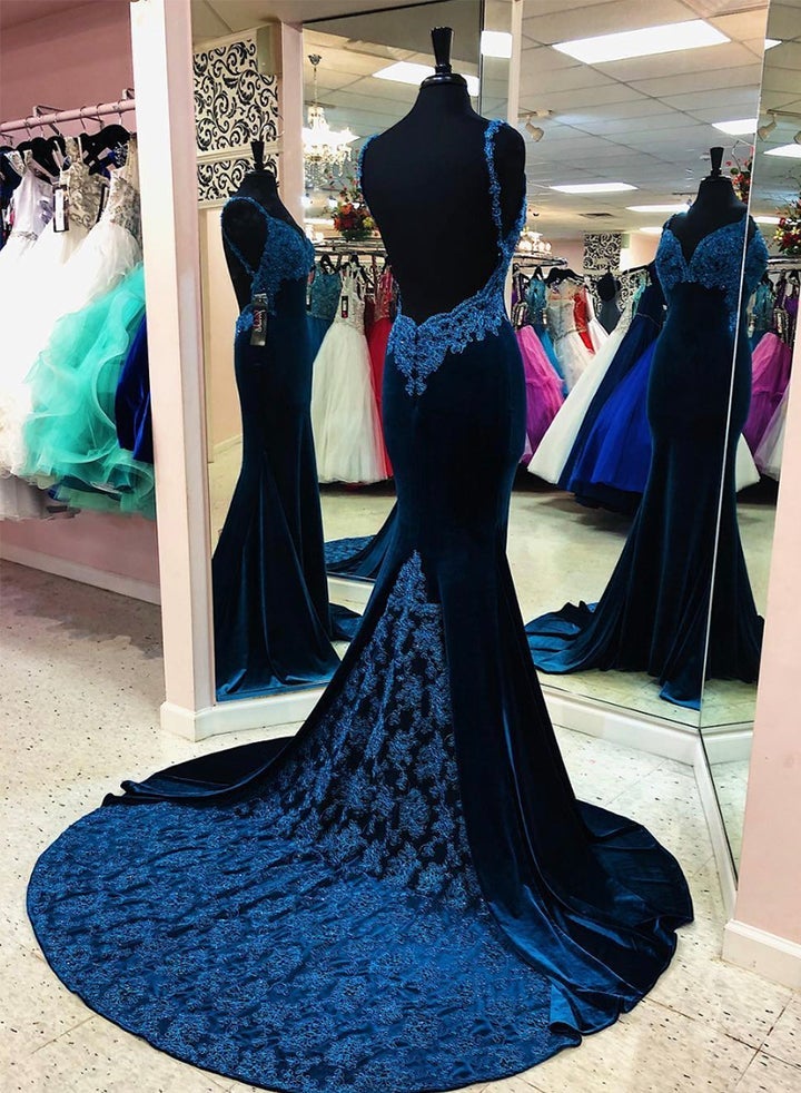 Blue Velvet Lace Long Mermaid Prom Dresses Backless Spaghetti Straps Formal Gown DMP080