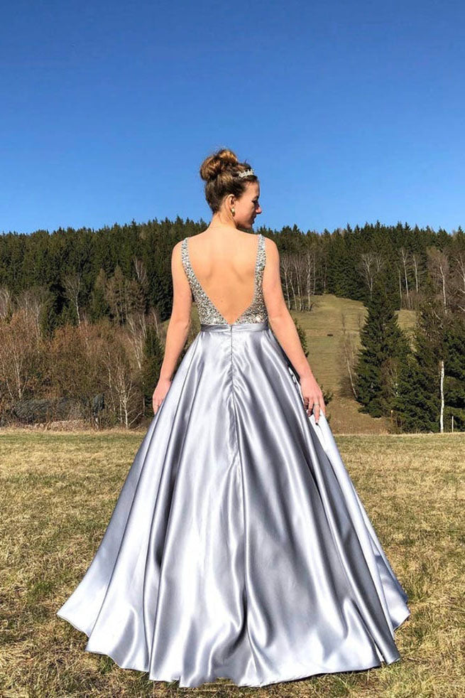 A Line Satin V Neck Beading Long Prom Dresses V Back Formal Evening Dresses DMP059