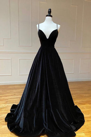 Black Velvet Spaghetti Straps Long Prom Dresses A Line Formal Evening Dress DMP084