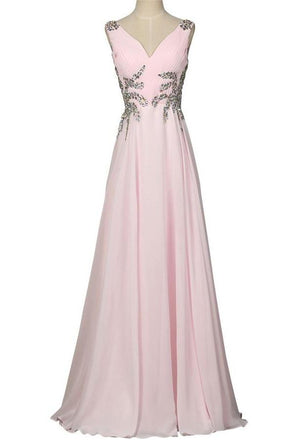 Beautiful Girly Chiffon Long Beading Pink V-neck Backless Prom Dresses K744