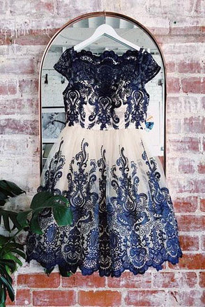 Navy Blue Lace Applique Short Cap Sleeves Homecoming Dresses DMP59