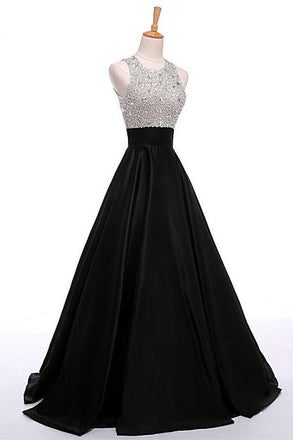 Black Open Back Beading Long A-line Satin Cheap Prom Dresses K715