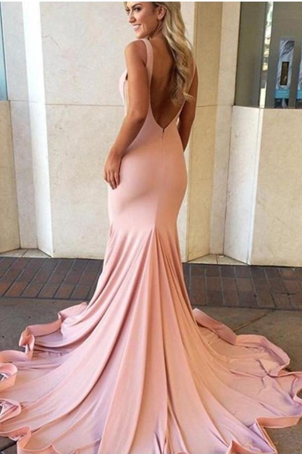 Pink Sweep Train Backless Simple Cheap Mermaid Long Party Prom Dresses K755