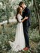 A-Line V-Neck Half Sleeves Backless Tulle Wedding Dresses with Lace Top DMM85