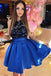 A-Line Royal Blue Satin Homecoming Dresses With Lace Top DMO48
