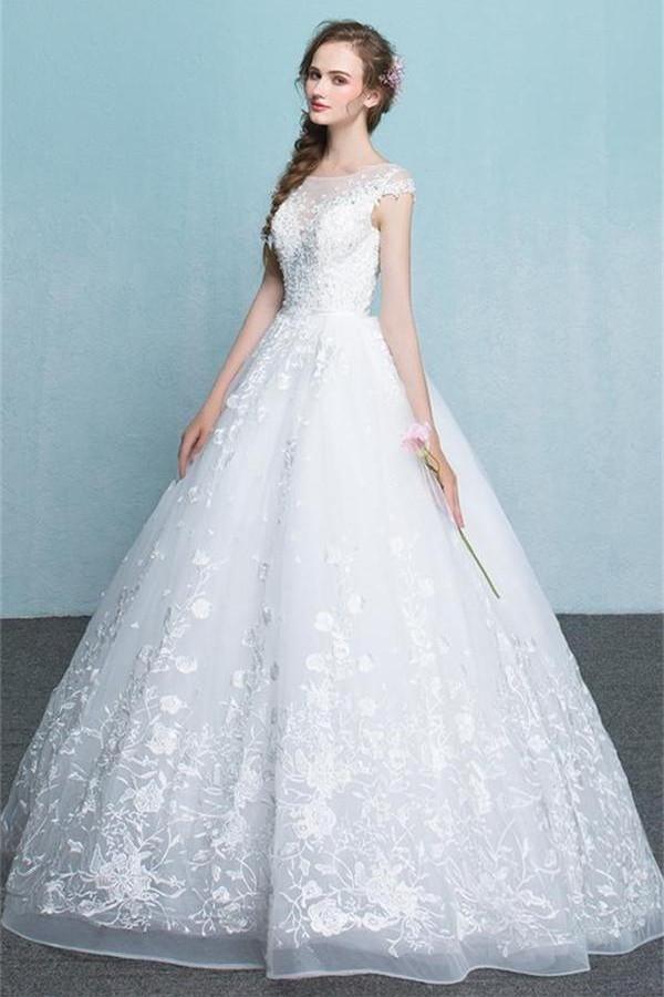 Beautiful Backless Lace Tulle Long A-line Lace Up Wedding Dresses W30