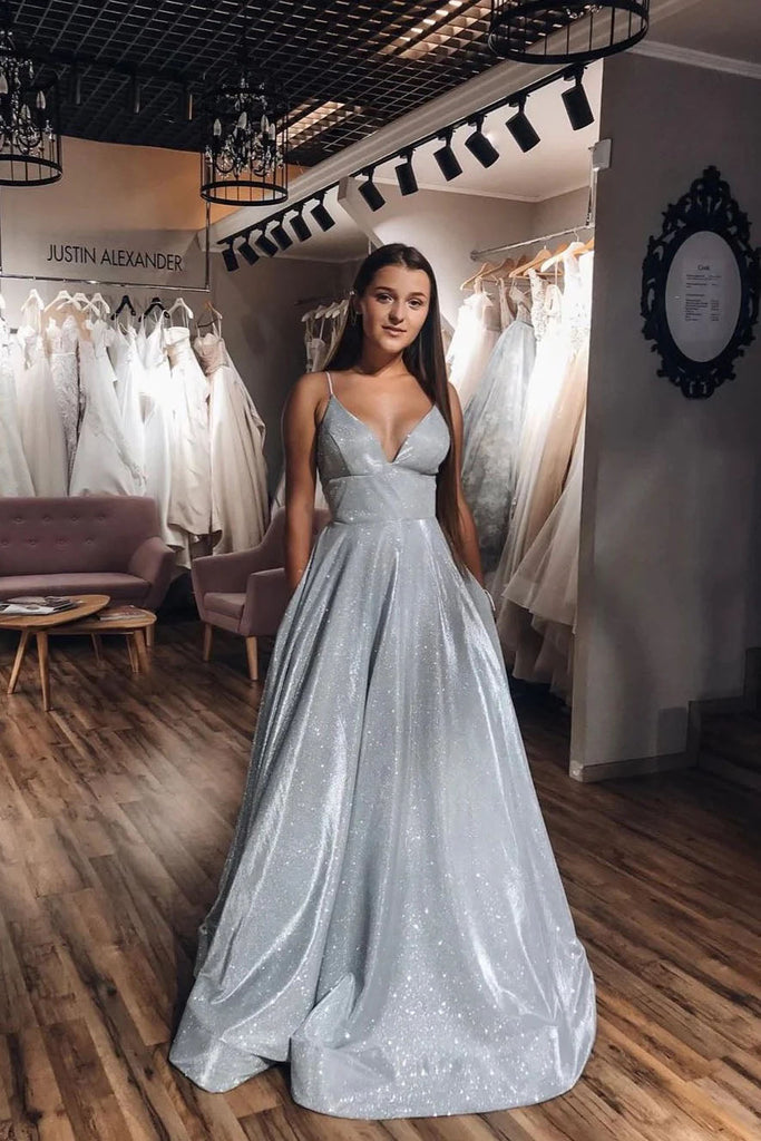 A-Line V-neck Spaghetti Straps Silver Sparkle Prom Dress with Pockets DM1964