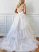 Romantic A-Line V Neck Tiered Appliques Tulle Long Wedding Dresses DMM87