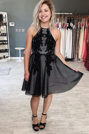 Halter Black Short Black Homecoming Dress with Appliques DMO25