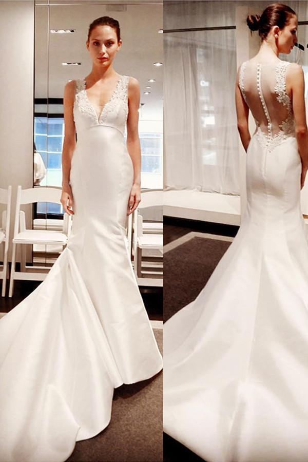 Sleeveless Button Mermaid Gorgeous V-Neck Satin Wedding Dress With Lace Appliques DM539