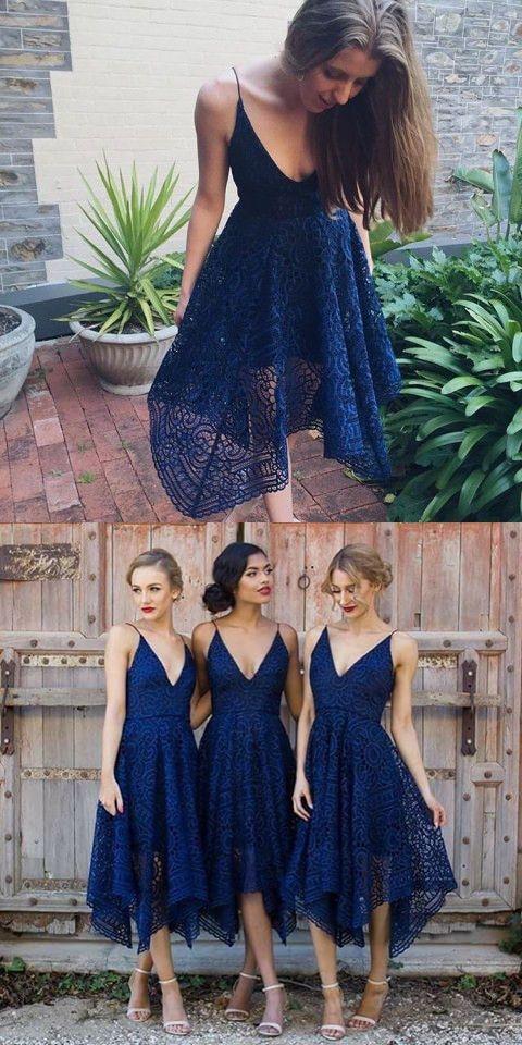 Navy Blue/Pink Deep V-neck Spaghetti Straps Sleeveless Asymmetry Lace A-line Bridesmaid Dress DM236