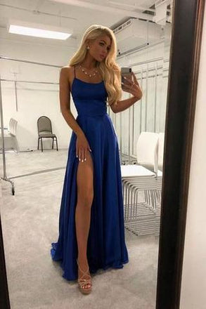 Royal Blue Spaghetti Strap A Line Prom Dress Sexy Long Split Party Dresses DMJ90