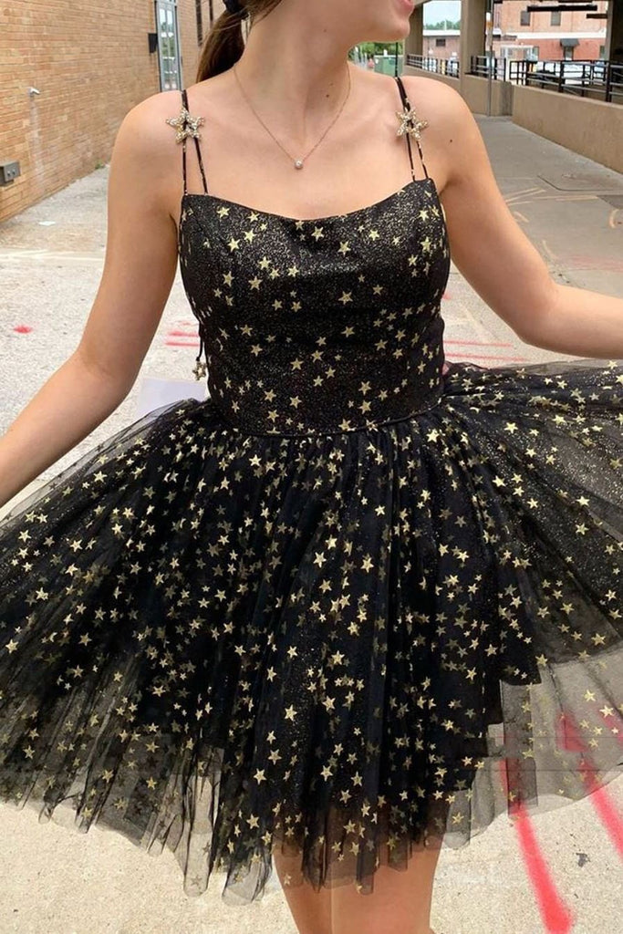 Spaghetti Straps A Line Black Homecoming Dress With Stars Short Prom Dresses DM1038